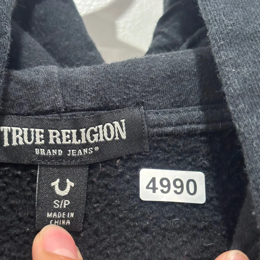 True Religion Mens Black Gold Horseshoe Logo Zip Up Hoodie Sweatshirt Size S/P